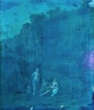 Nymphs bathing in a landscape by A. Carre. Panel oil painting. 1753. Ireland. The photograph was taken in ultraviolet light and reveals over-paintings visible as dark spots (area of sky) against highly fluorescent varnish. 